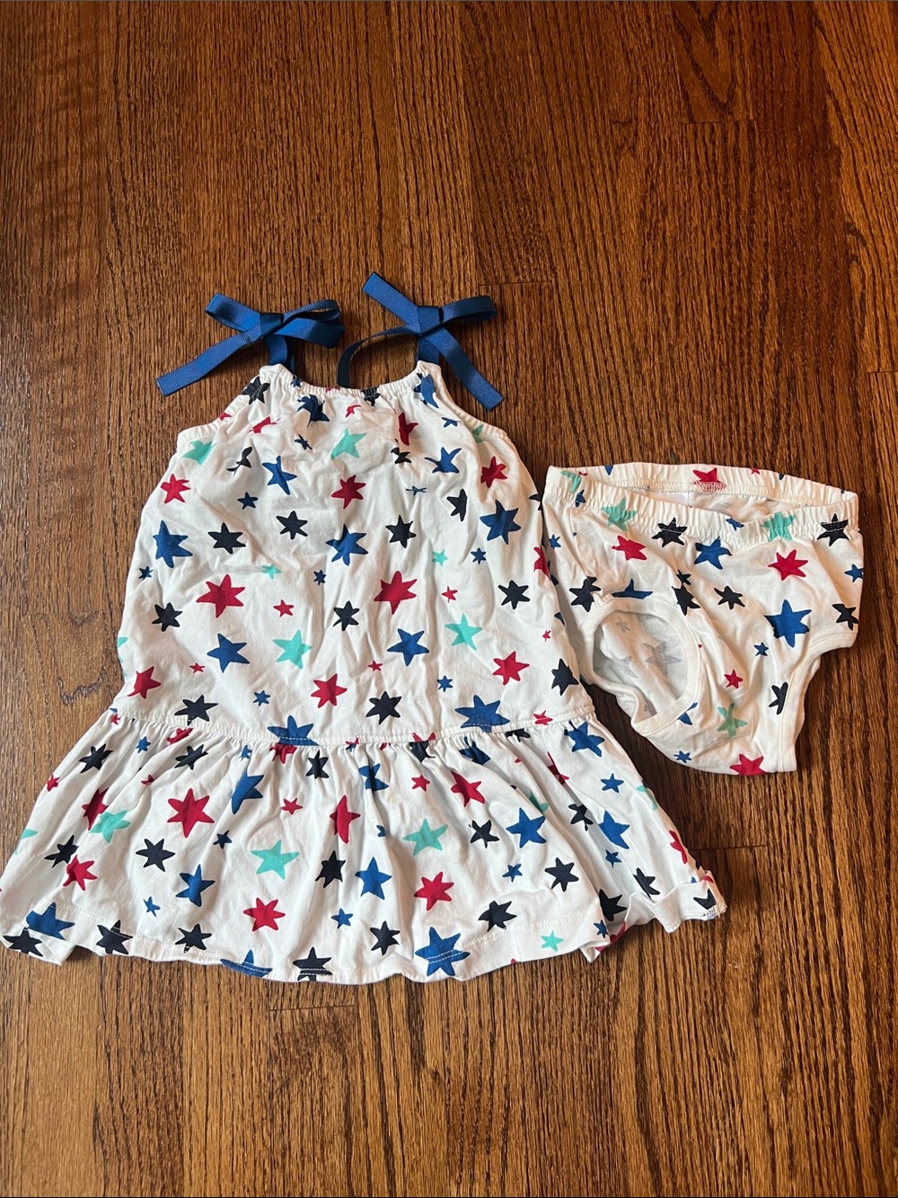 Hanna Andersson White Star Print Dress & Bloomers with Blue Tie Straps